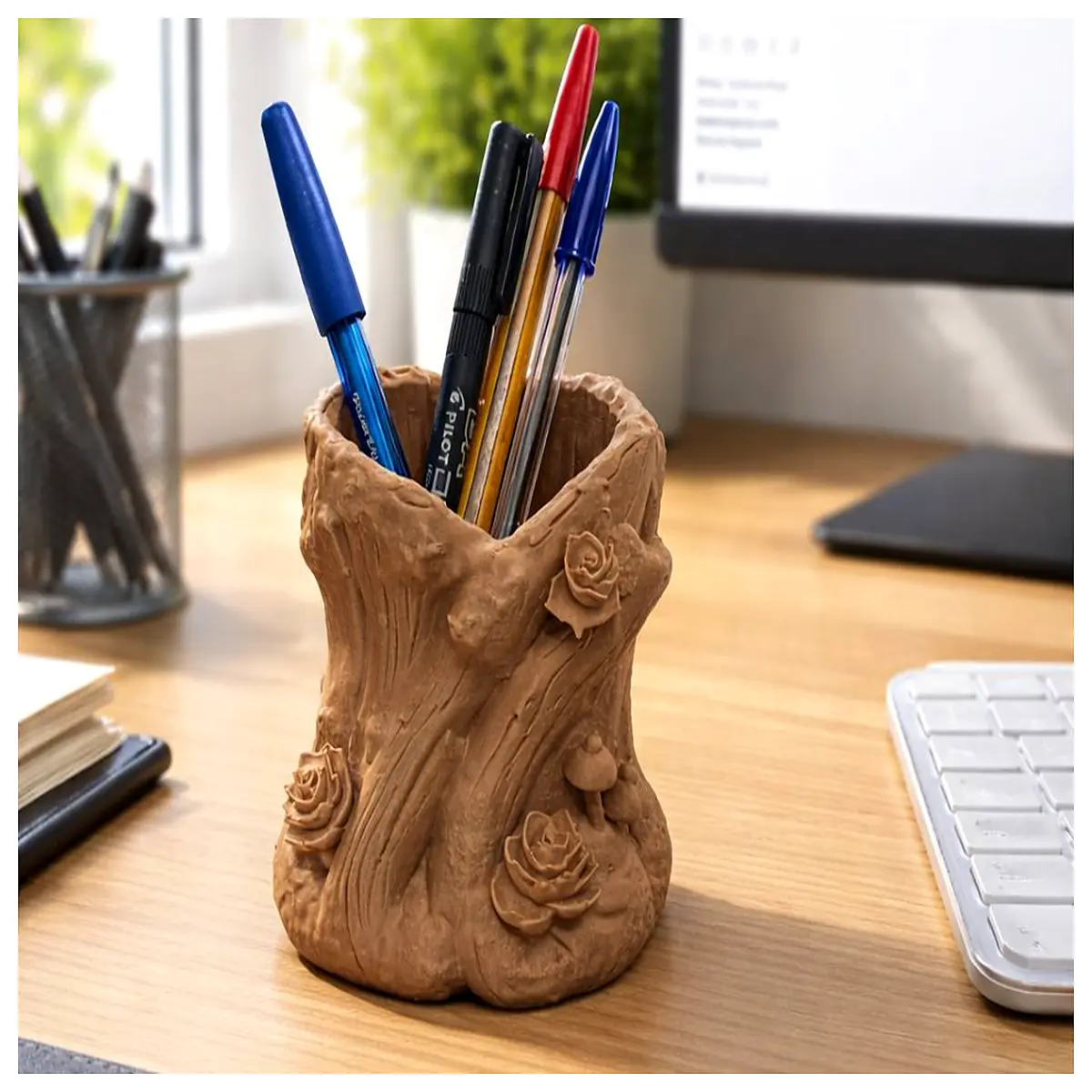 Tree Trunk Pencil Holder Wood Design Creative Desktop Organizer Eco Friendly Home Decor Easy to Print Tree Trunk Storage Box