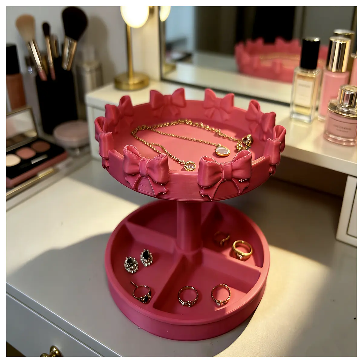 kawaii double bow vanity tray for jewelry makeup organizer aesthetic desk storage box