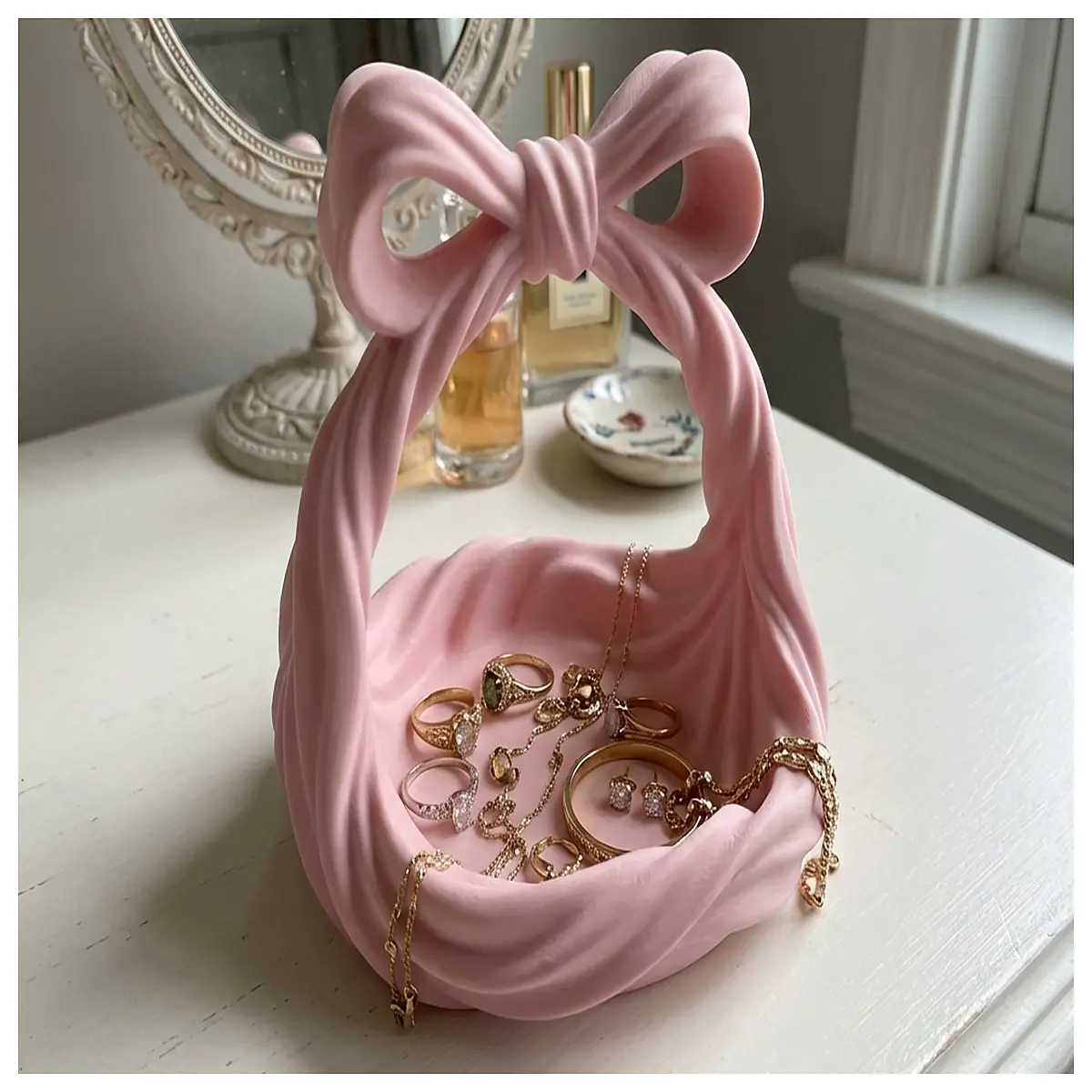 aesthetic coquette bow jewelry dish trinket tray for rings earrings necklace organizer vanity table decor