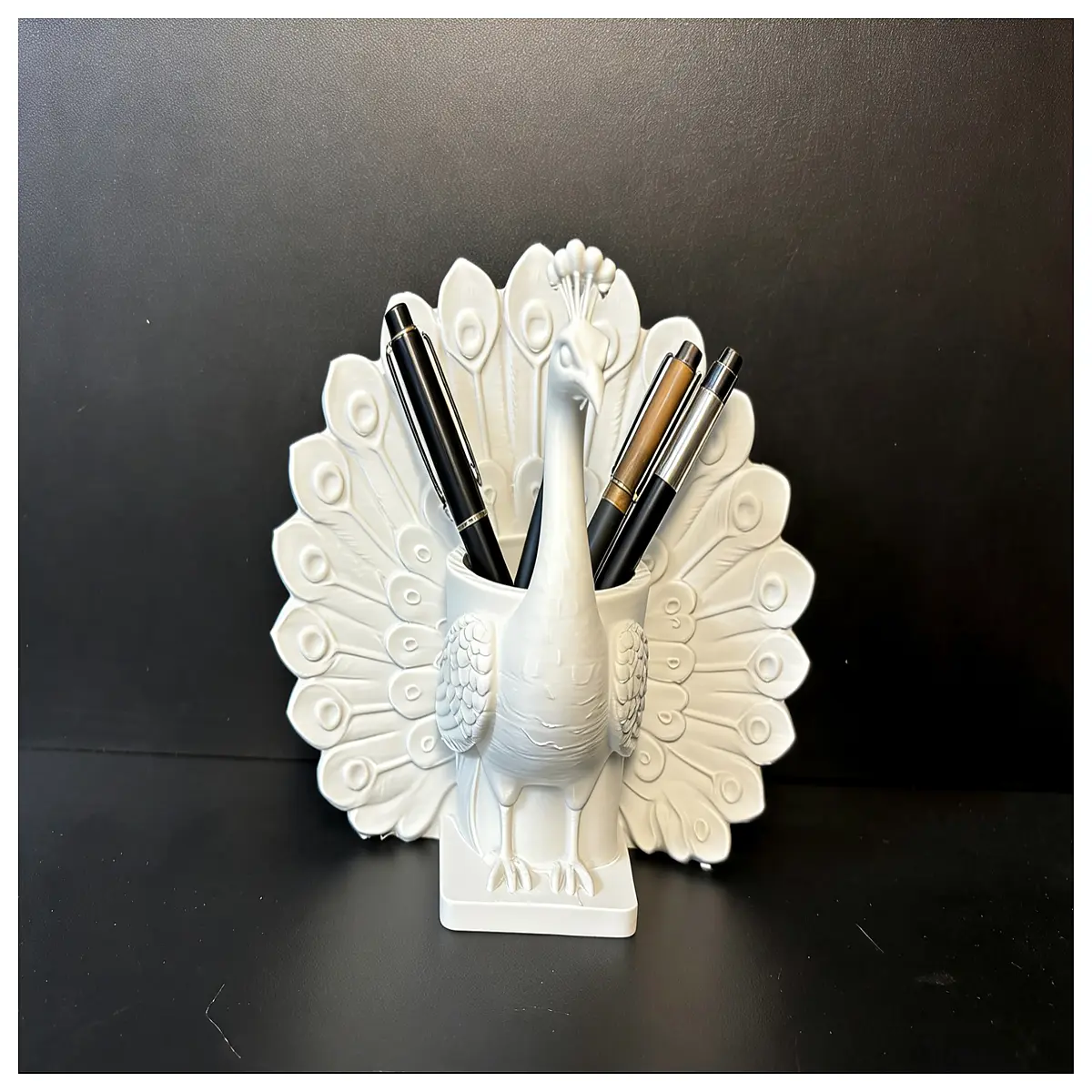 peacock feather desk organizer pen holder with lid large capacity storage box for office supplies and makeup brushes