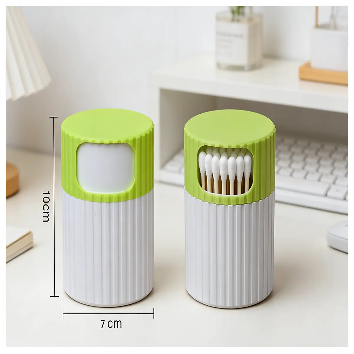 rotating cotton swab organizer with flip lid bathroom countertop storage for q tips and toothpicks space saving desktop holder