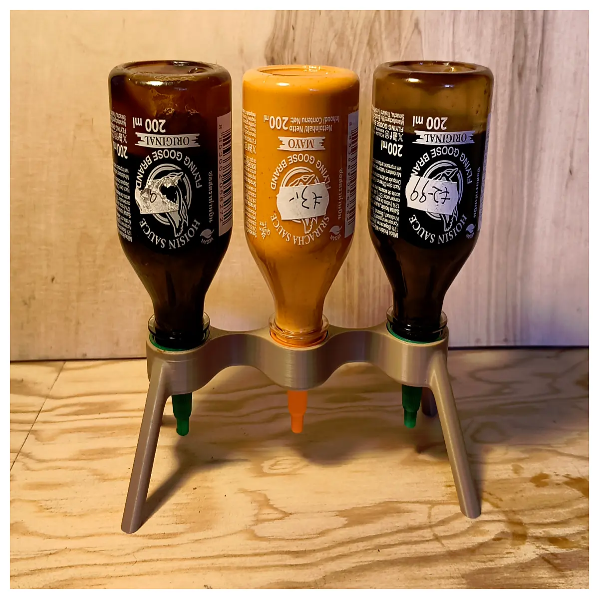 3 bottle sriracha sauce bottle holder rack organizer for kitchen counter condiment storage