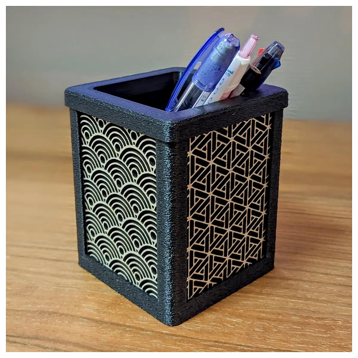 japanese style desk organizer pen holder with inlaid wood panel art stationery cup for office