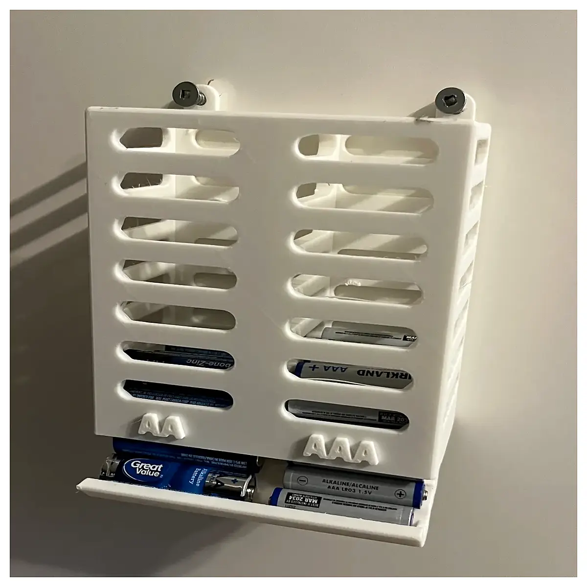 wall mount battery organizer holder storage box for aa aaa d c size alkaline lithium rechargeable batteries cable management