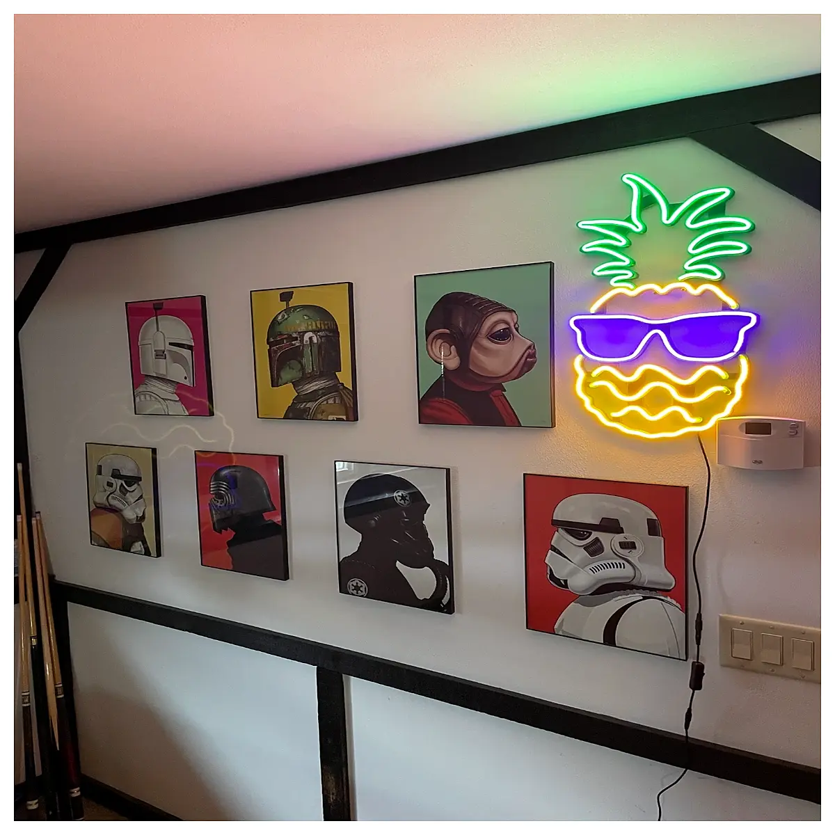 neon sign pineapple wearing sunglasses retro bar decor tropical party vibe aesthetic room lighting