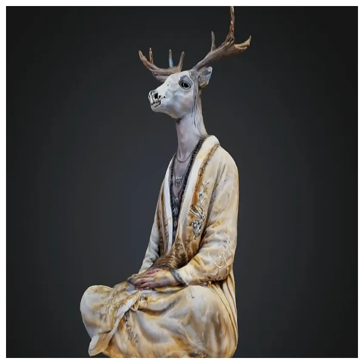 boho long robe with deer skull print mystical witchy aesthetic dress gothic spiritual ceremony wear nature spirit animal fashion