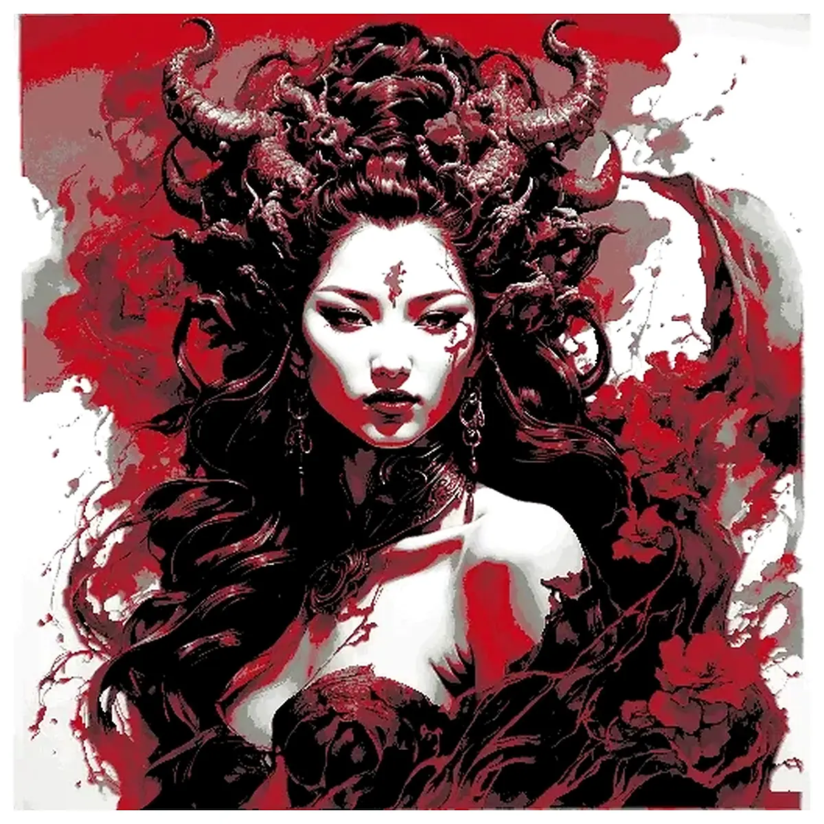 demoness tattoo design red black ink traditional neo traditional dark fantasy art print