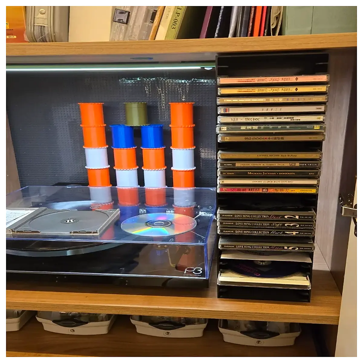 vinyl record storage tower for living room turntable with shelves for lp collection and organization