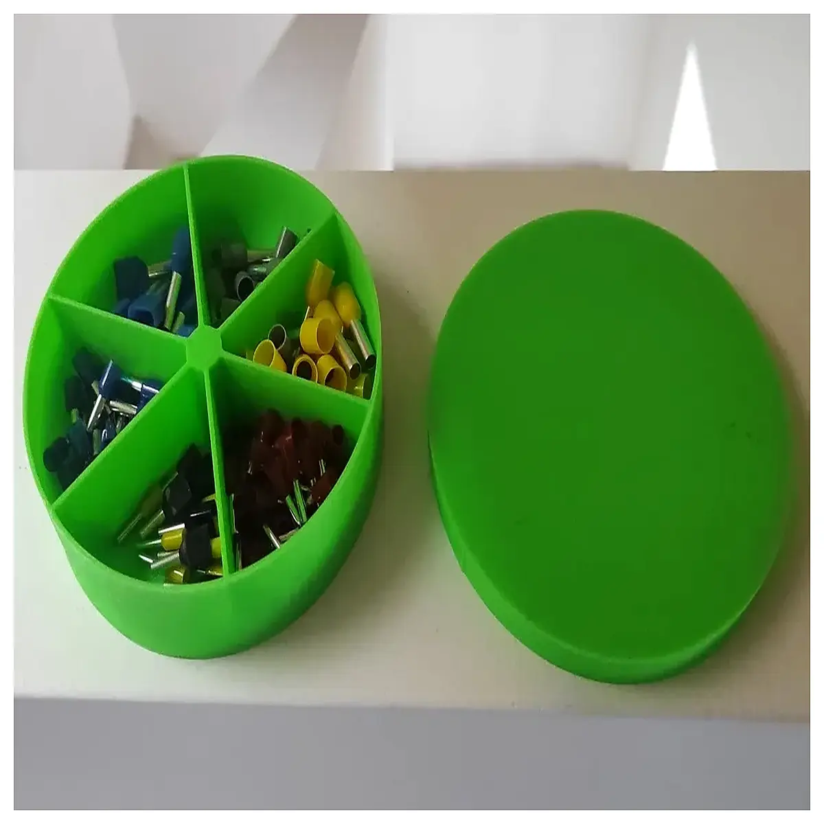 printed parts organizer box with 6 slanted compartments for small hardware storage and sorting