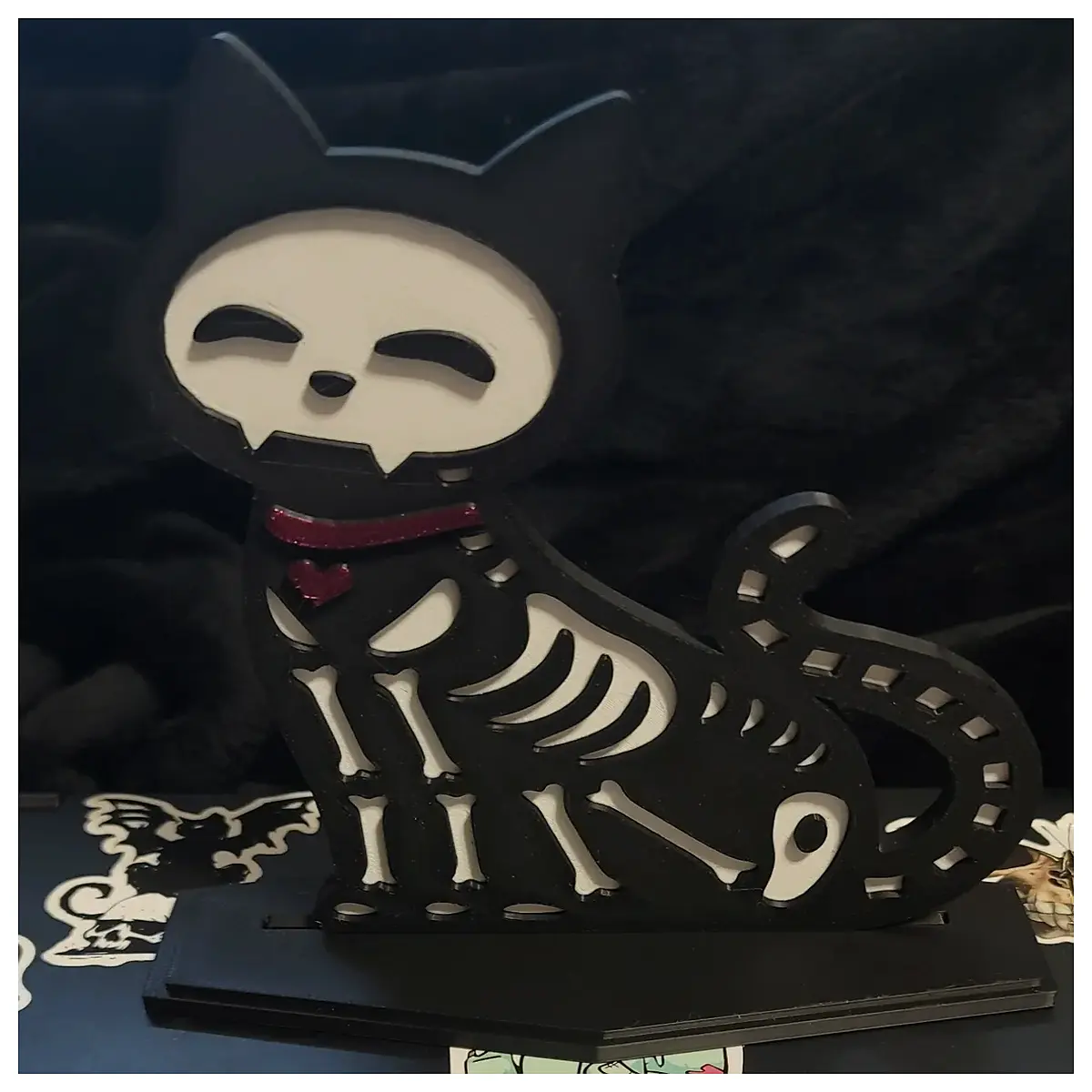 gothic skeleton cat shelf decor macabre animal figurine for bookshelf spooky home office desk ornament alternative goth room aesthetic accessory