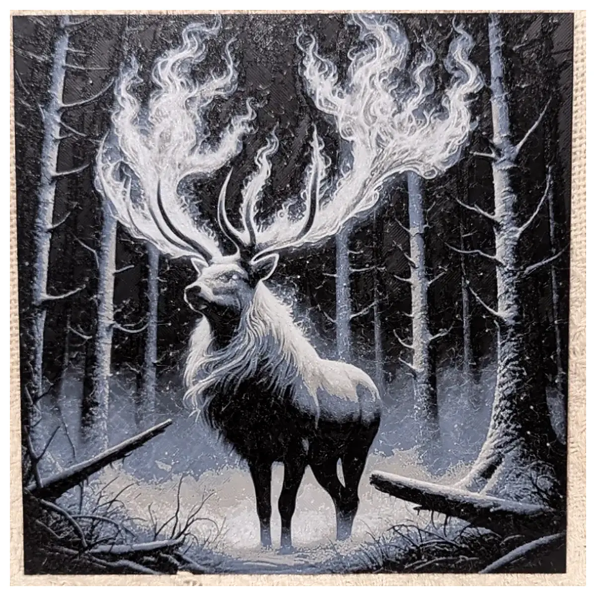 winter forest stag with snow on antlers nature photography print wall art rustic cabin decor