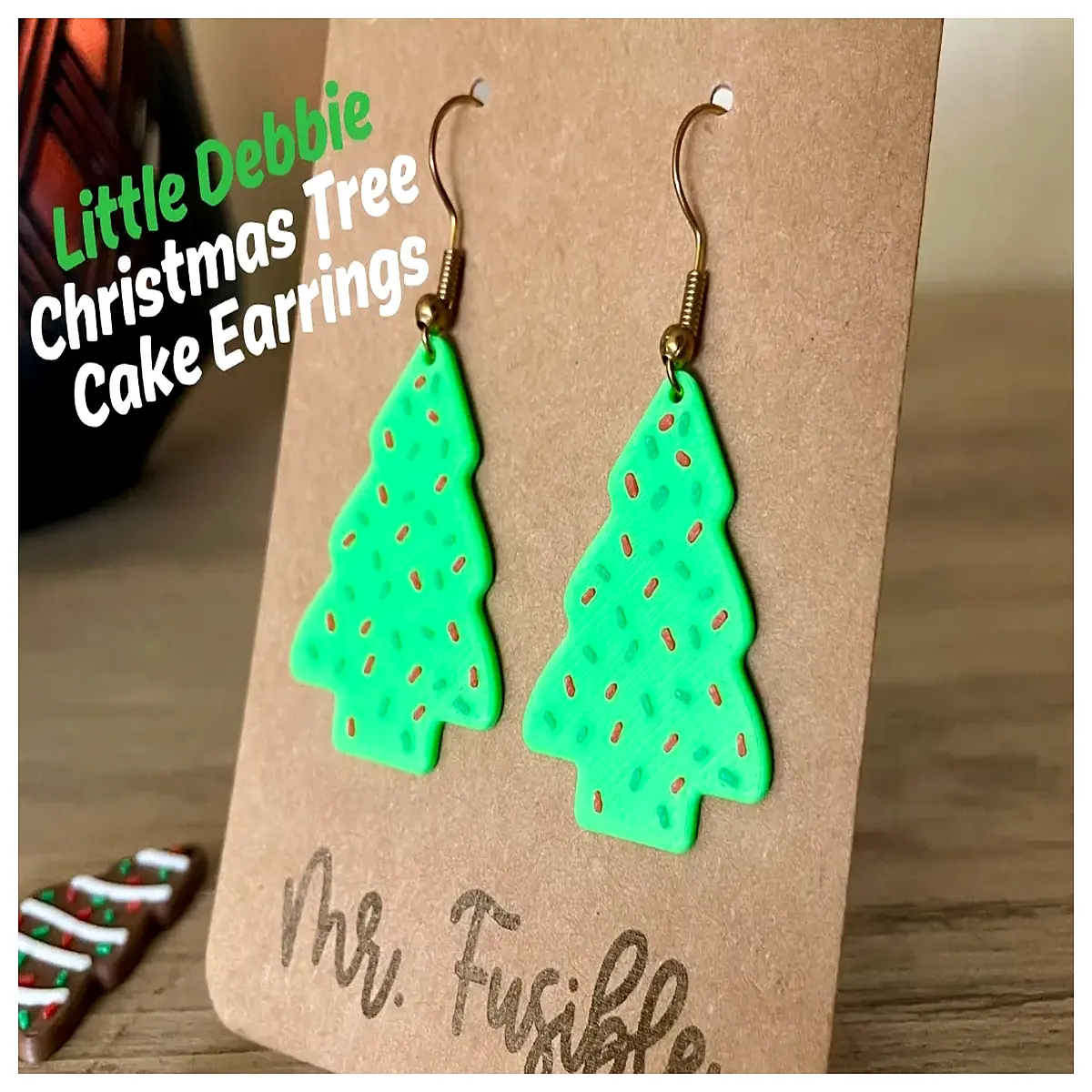 green mini christmas tree cake earrings festive holiday party jewelry dangle studs