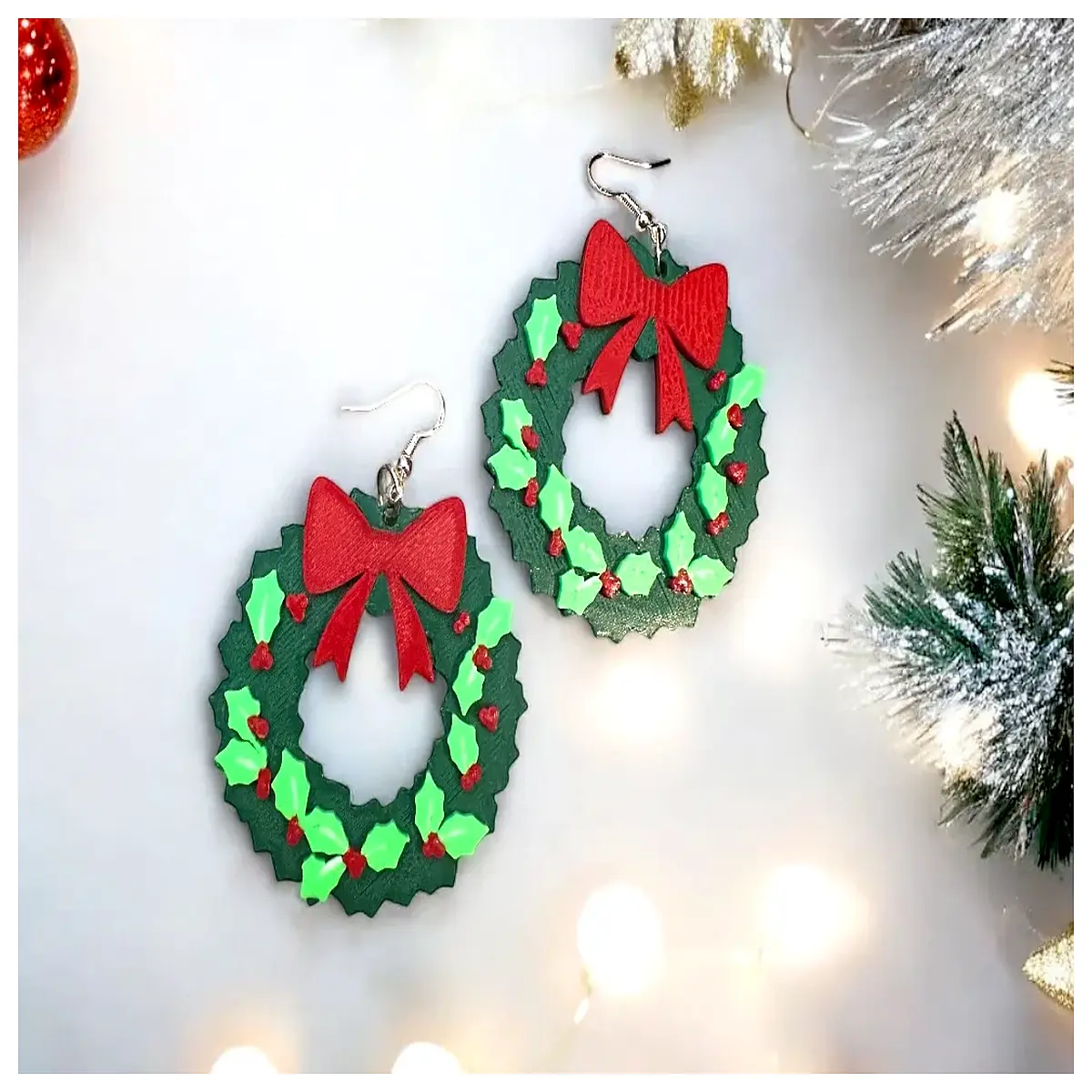 christmas wreath earrings holiday party jewelry festive green leaf hoop drops