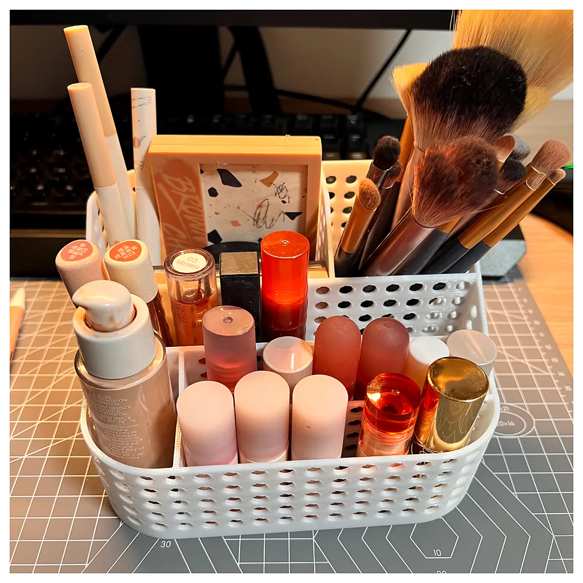 acrylic makeup organizer with lipstick slots for color matching and desktop storage
