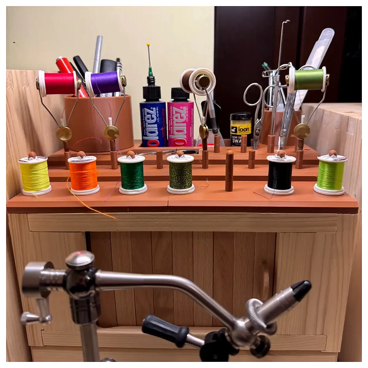 fishing fly tying tool holder organizer with spool rack for thread bobbin winder storage desk accessory