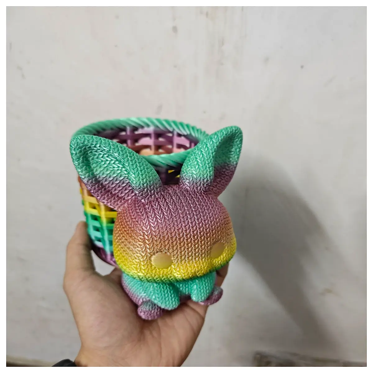 cute knitted bunny pen holder with woven basket easter desk organizer spring decor