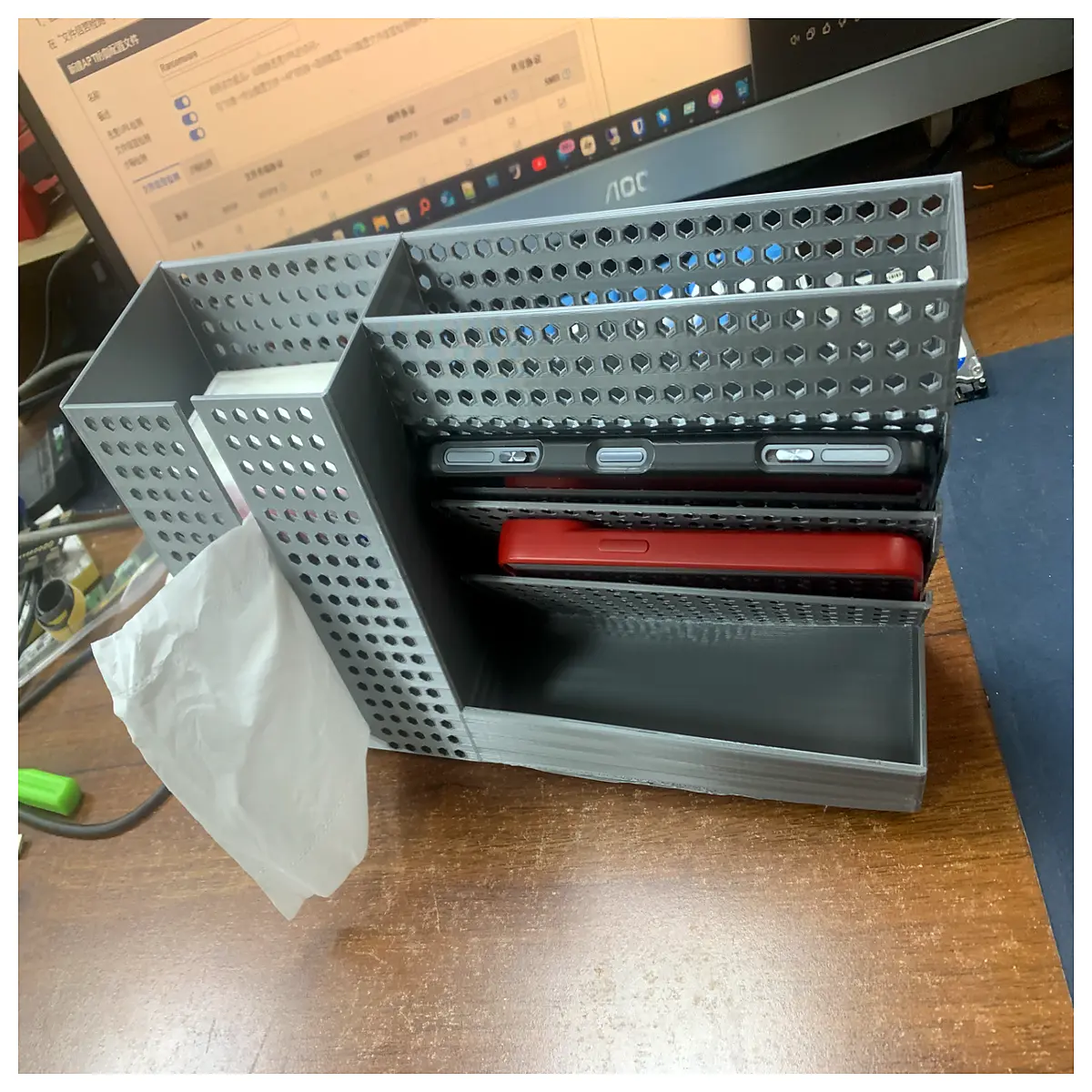 desktop tissue box holder with phone organizer for living room table storage