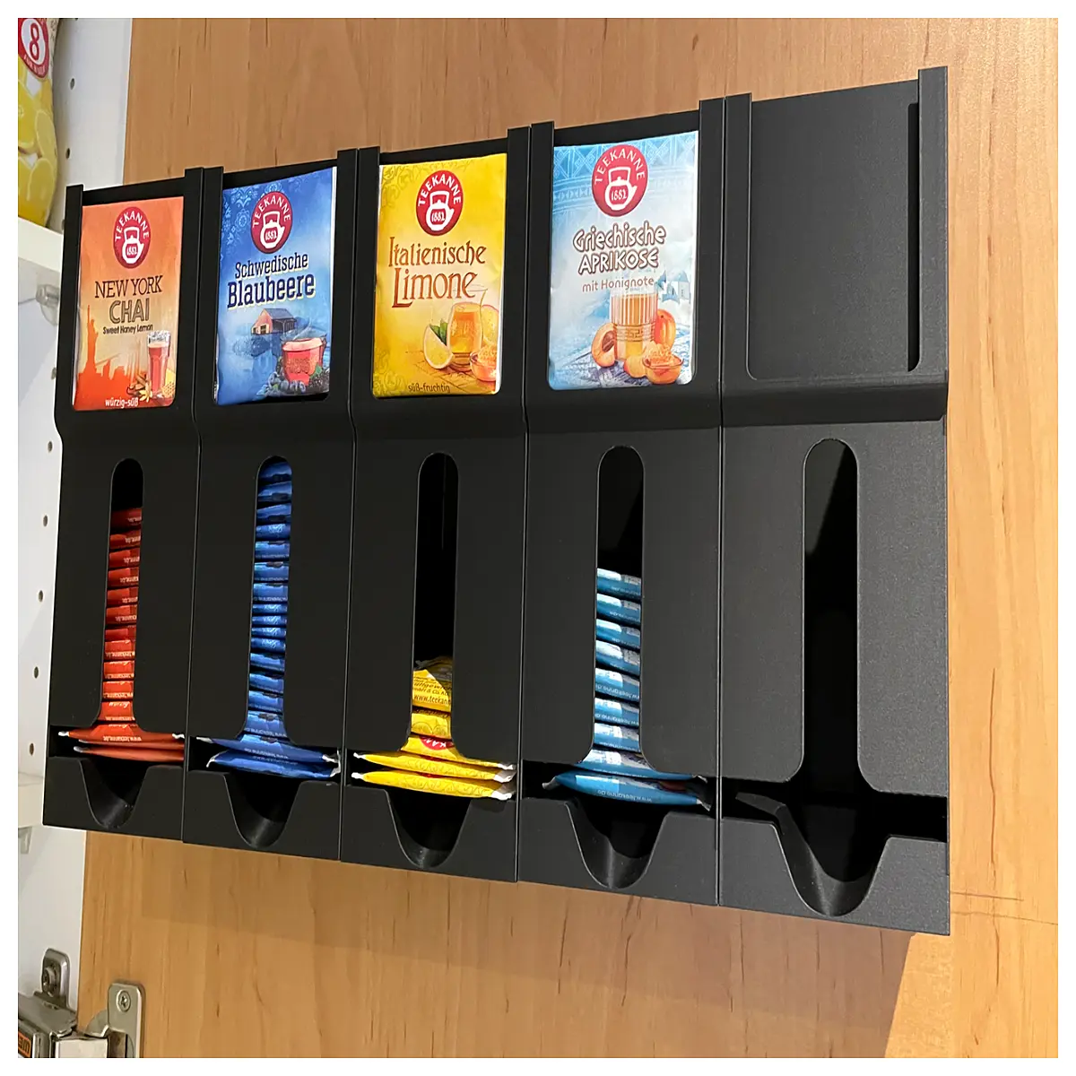 wall mounted tea bag organizer with snap lock clip for pantry cabinet storage and kitchen counter organization