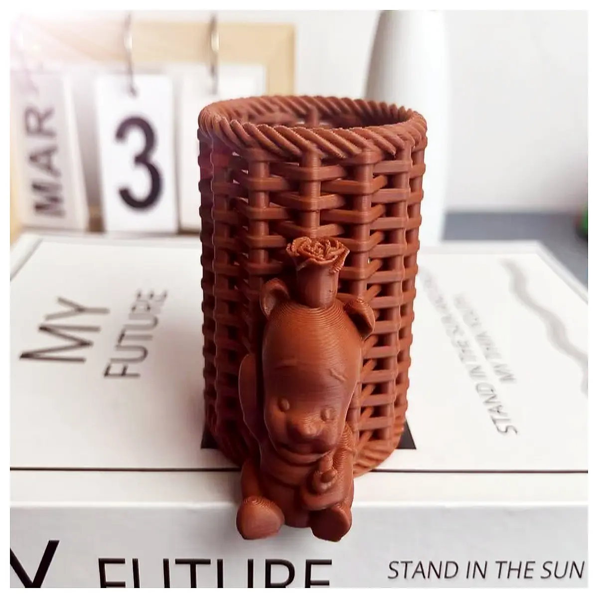 cute rose bear pen holder desk organizer stationery storage for girls students bedroom decor gift