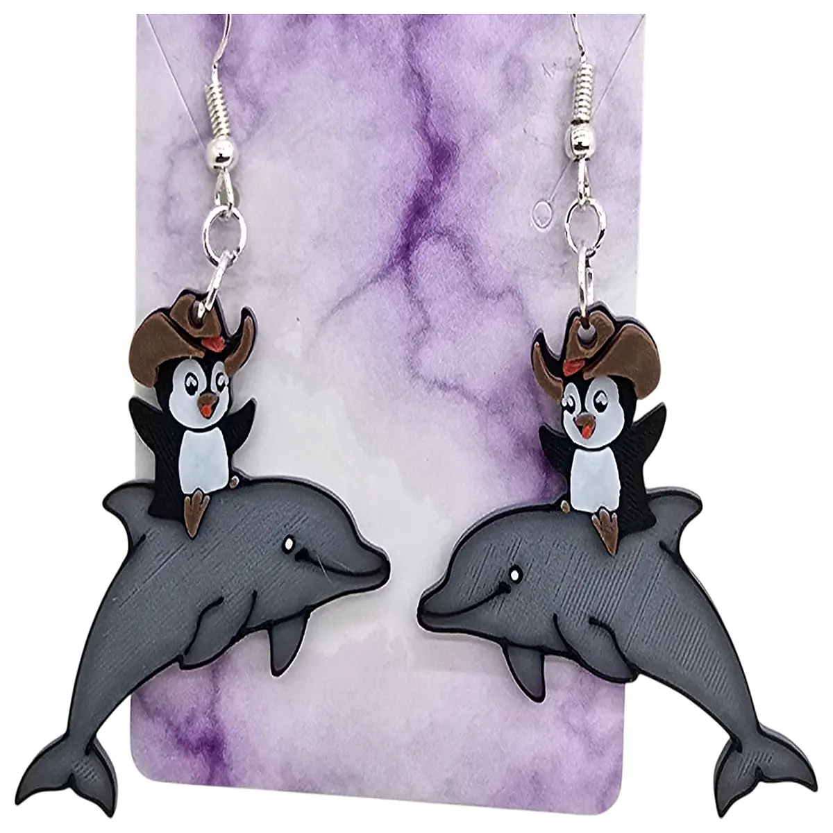cute penguin riding dolphin earrings ocean animal jewelry kids whimsical sea creature stud earrings