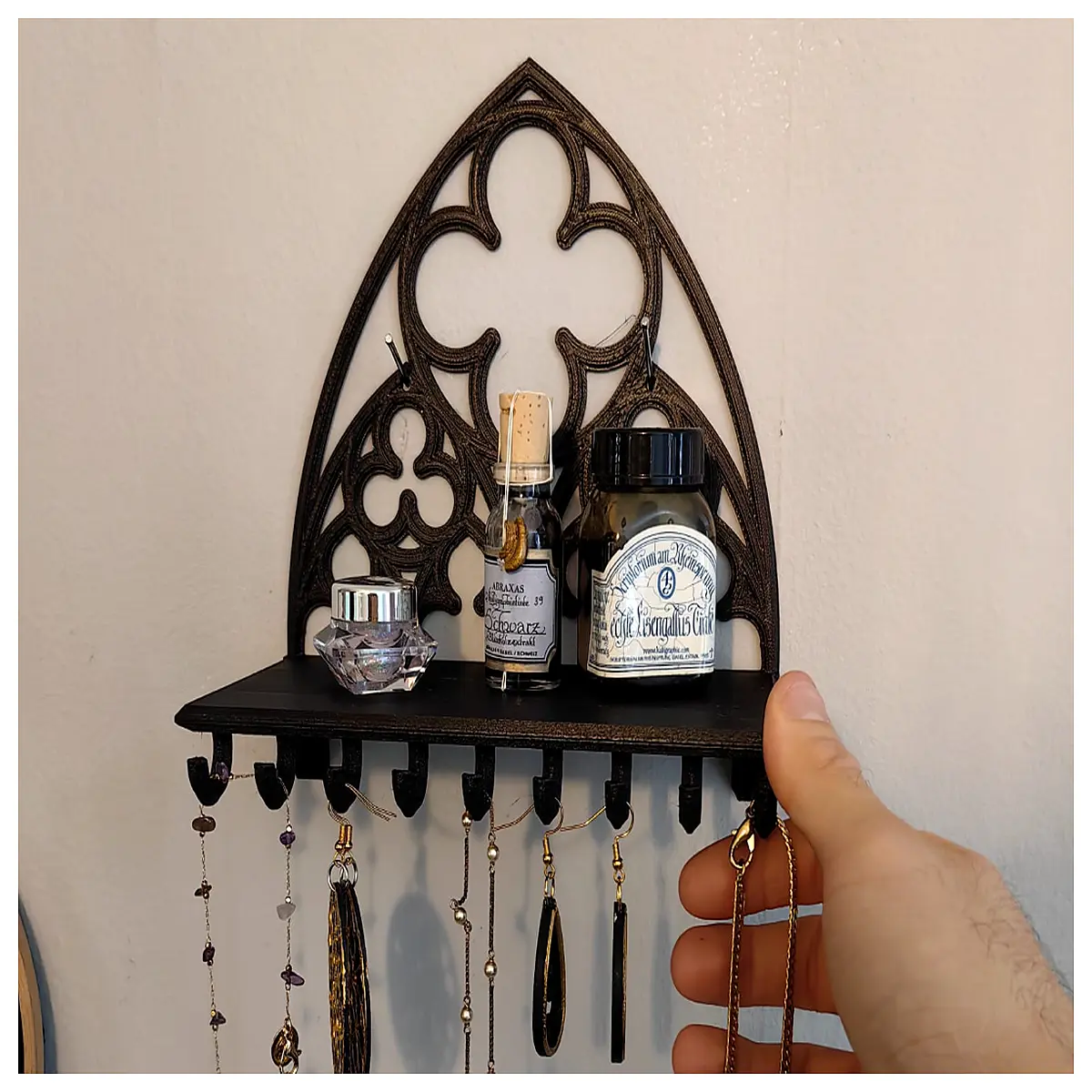 gothic arched window sill shelf with hooks for hanging coats keys jewelry storage wall mounted organizer