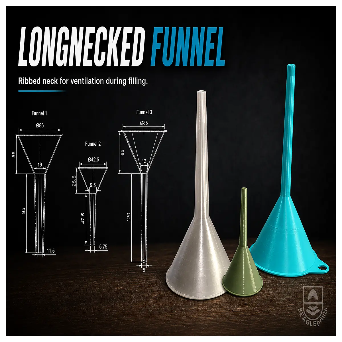 long neck funnel with ribbed airflow design for laboratory chemistry glassware