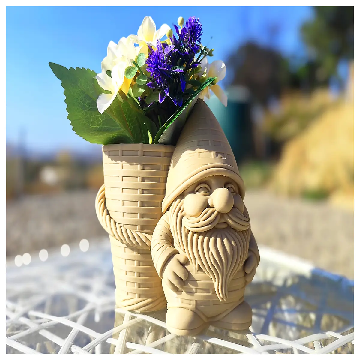garden gnome planter basket wicker style resin outdoor decor patio flower pot