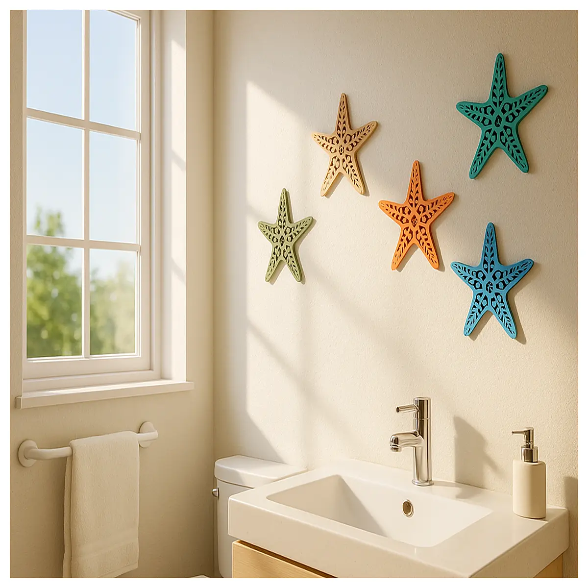 bathroom decor starfish wall art home accessories ocean themed shower curtain hooks nautical rustic farmhouse bathroom styling