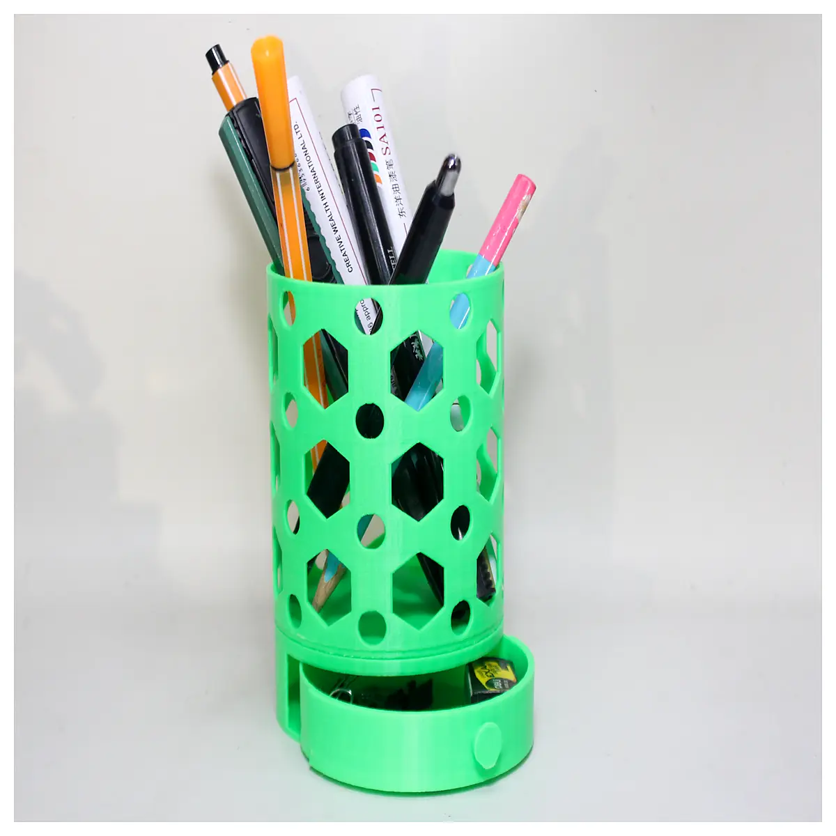 desktop pen holder with hidden drawer organizer for office supplies storage