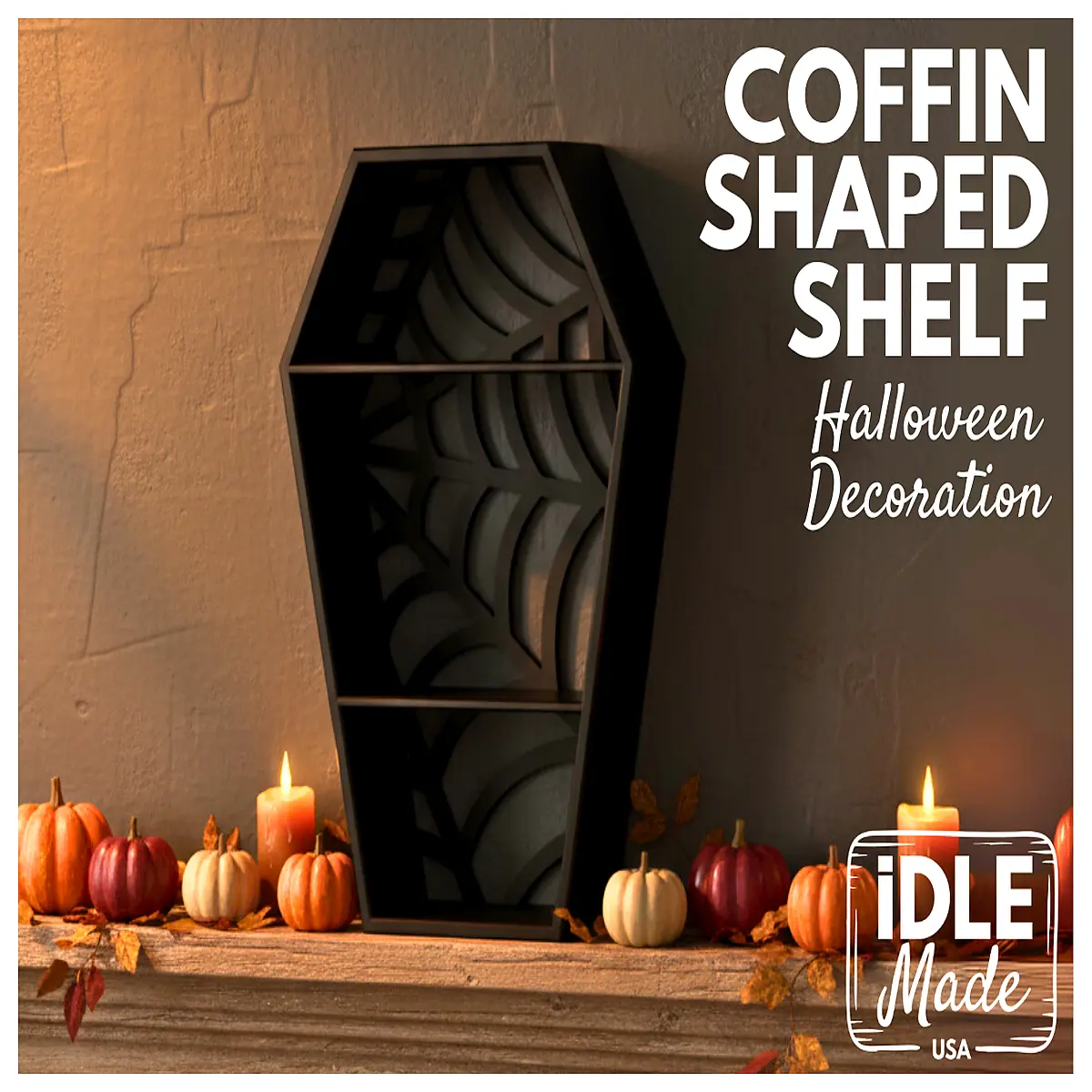 gothic coffin shelf spooky halloween decor with spider web back panel for bedroom or party