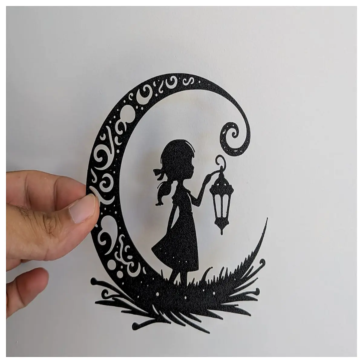 cute little girl holding paper lantern under moonlight aesthetic night decor fantasy art print dreamy nursery wall hanging