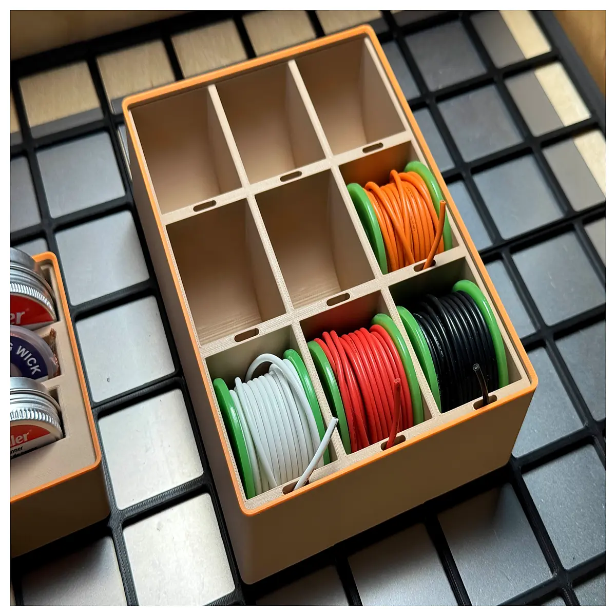 gridfinity parts bin organizer 3x4x7 spool holder wire reel cable management desktop storage