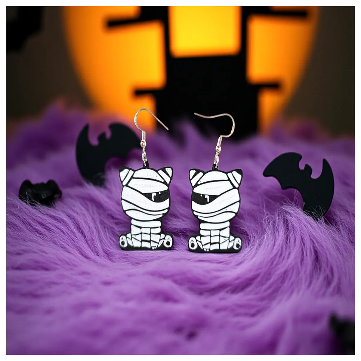 gothic mummy cat earrings vintage hieroglyphic jewelry ancient egypt style pendant drops spooky halloween accessories for women