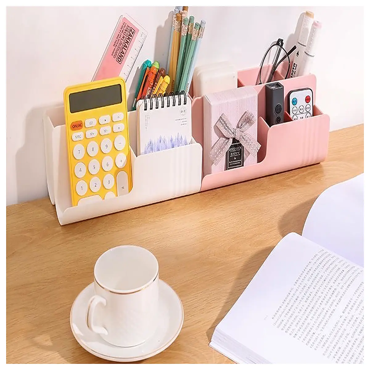 desktop organizer with makeup slots multi compartment storage jar for students and office supplies