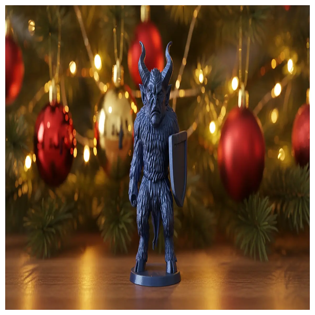 plush krampus statue with shield holiday decor