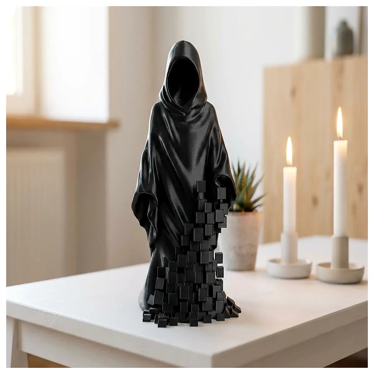 pixelated grim statue abstract skeleton art figure modern gothic home decor sculpture edgy gaming room centerpiece