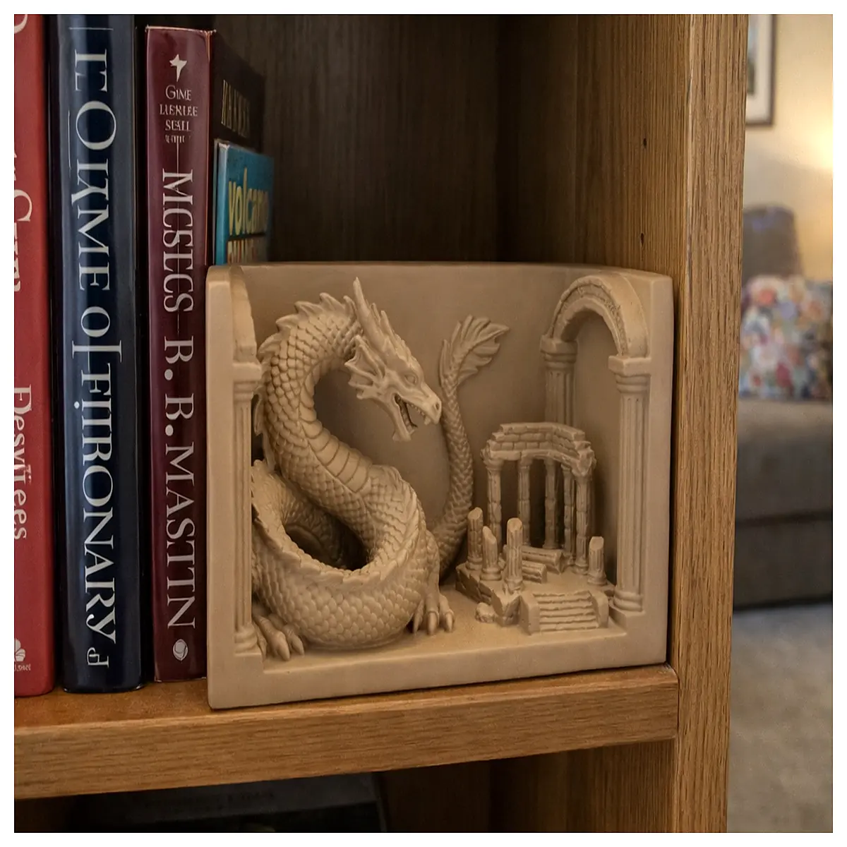 dragon ruins bookends desktop decor fantasy statue mythological scene collectible figurine shelf organizer