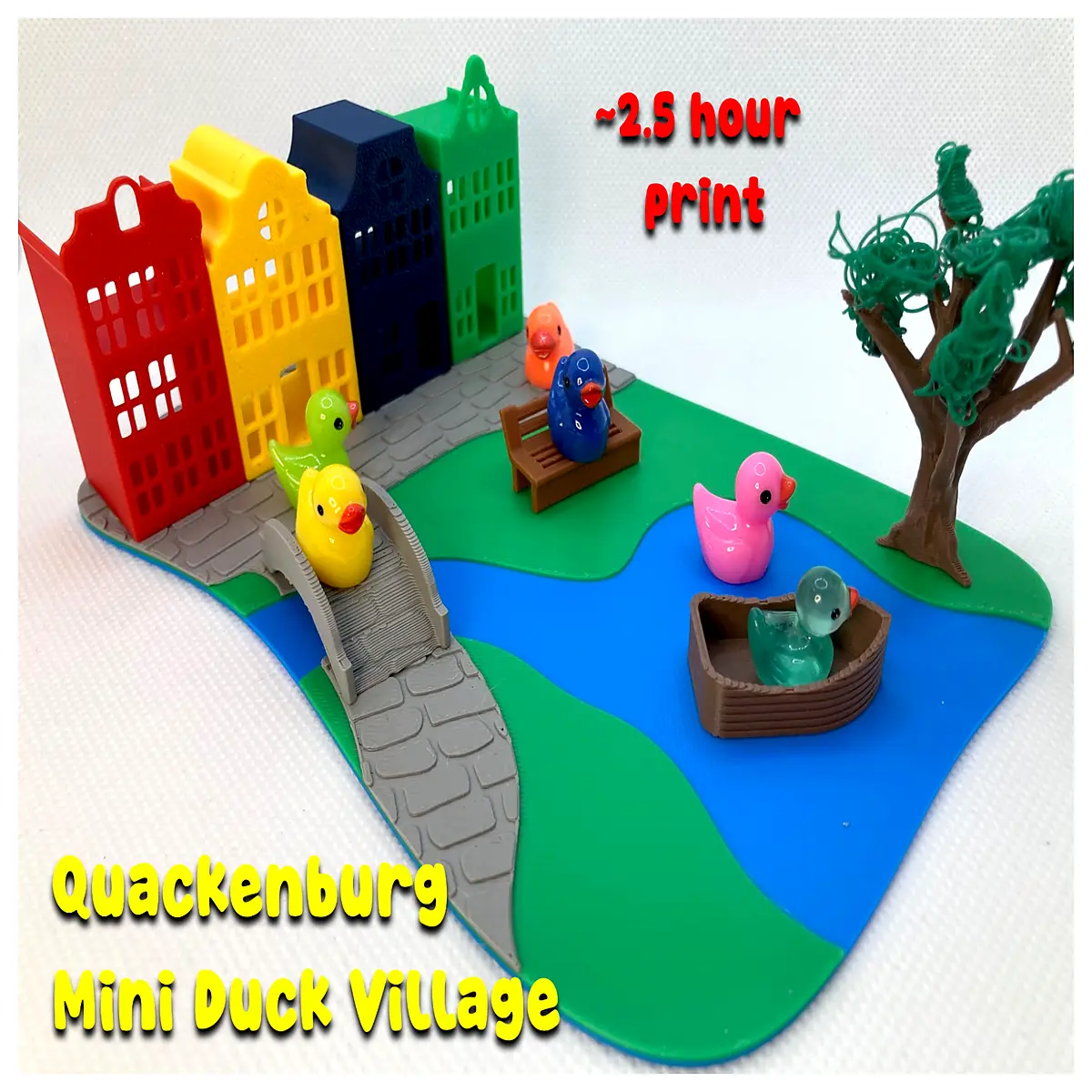 miniature european village scene with rubber duck figurines for desk decor