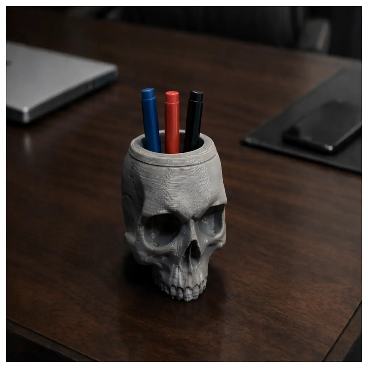 gothic skull pen holder desk organizer macabre home decor spooky office supplies halloween theme stationery storage