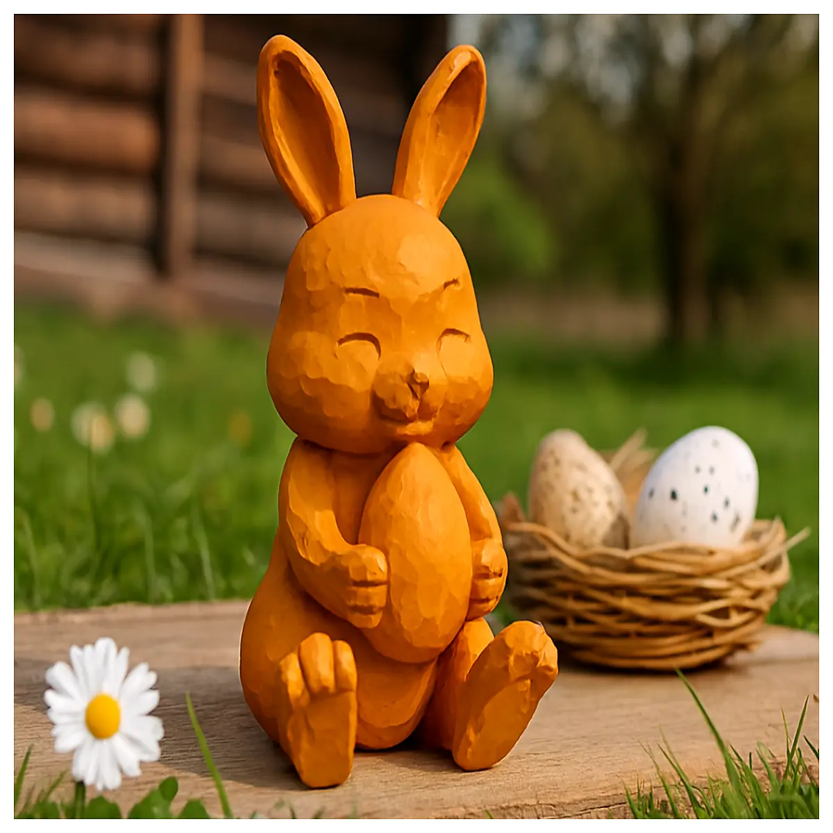 hand carved wooden easter bunny with egg design rustic home decor spring holiday table centerpiece