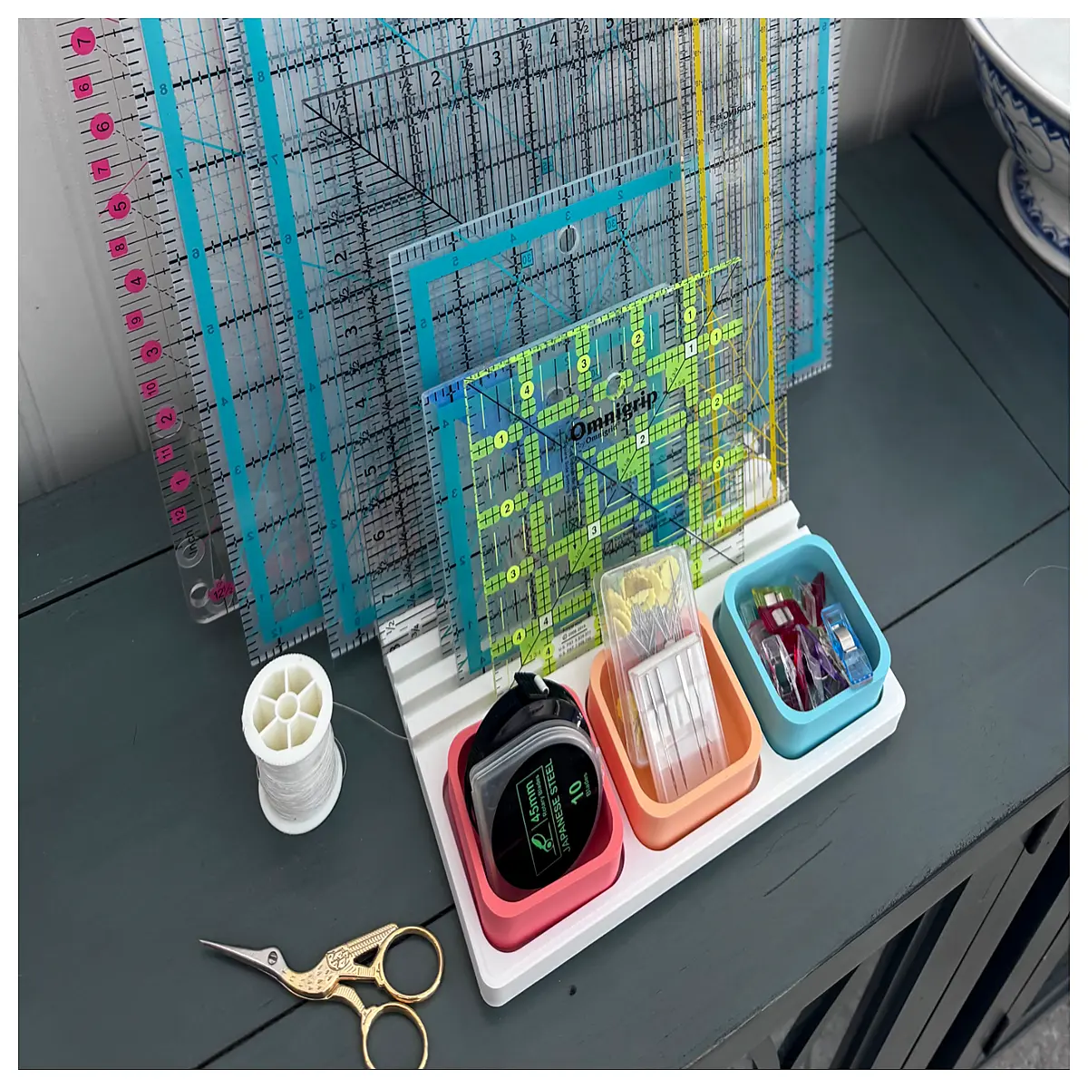 quilt ruler with storage compartments organizer for rotary cutter mat accessories