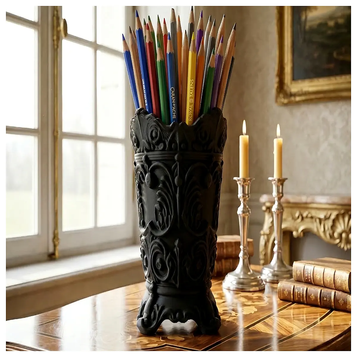 baroque pen holder desk organizer vintage royal style office supplies gold ornate cup for writing instruments