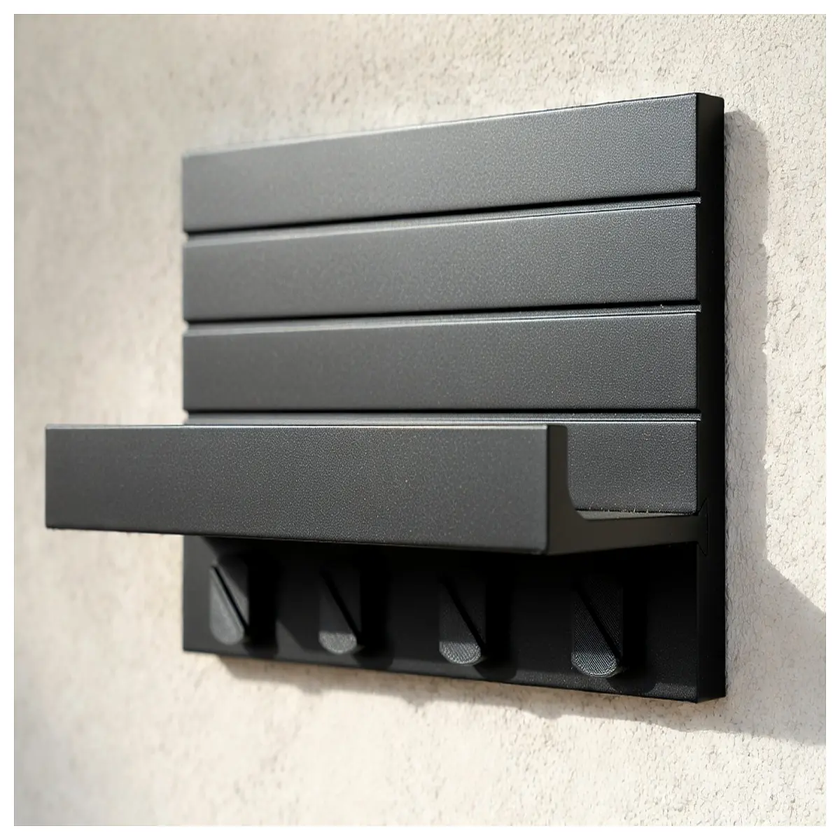 modern minimalist wall mounted key holder with shelf and hooks for entryway organization