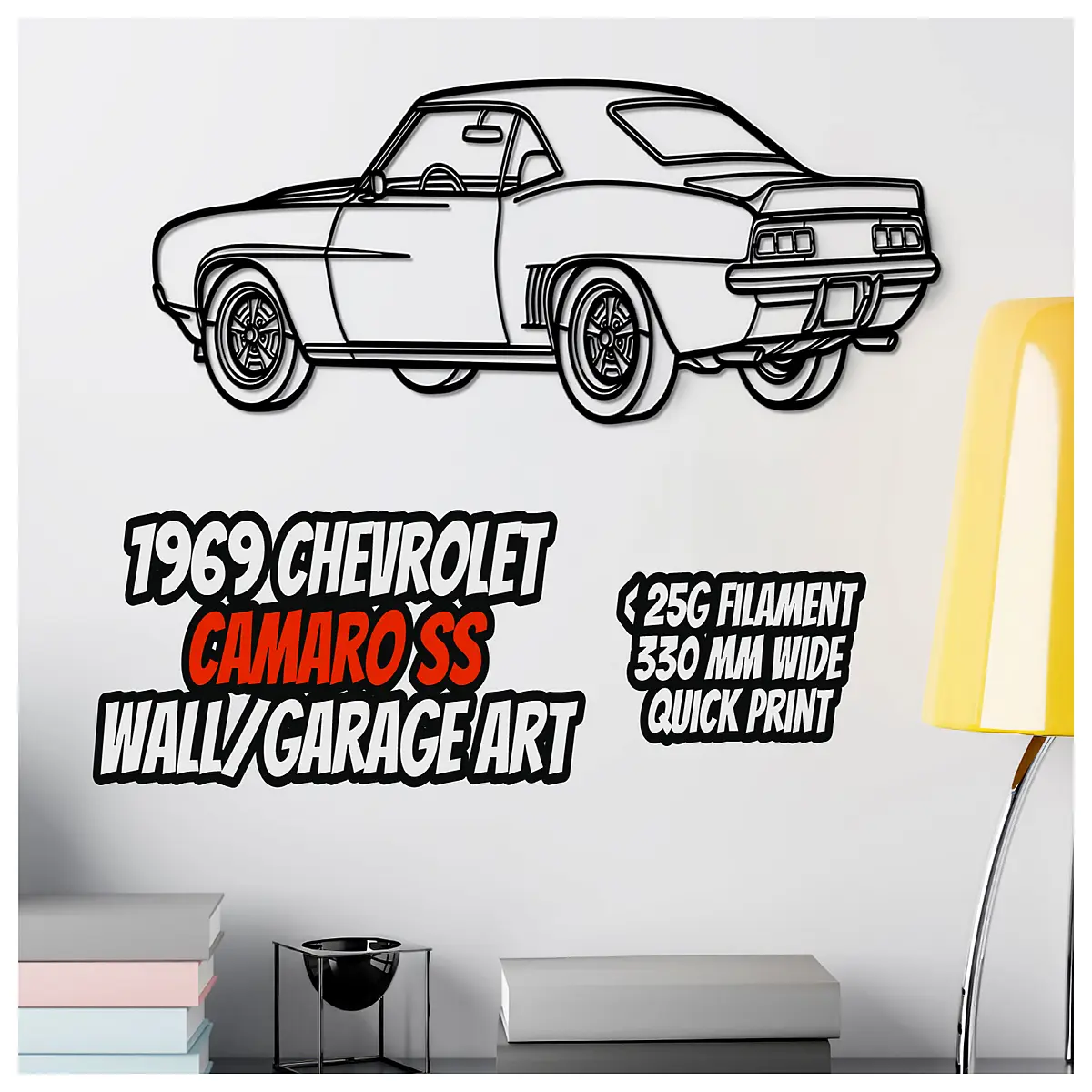 1969 camaro ss wall art silhouette print vintage muscle car decor garage poster black background automotive gift