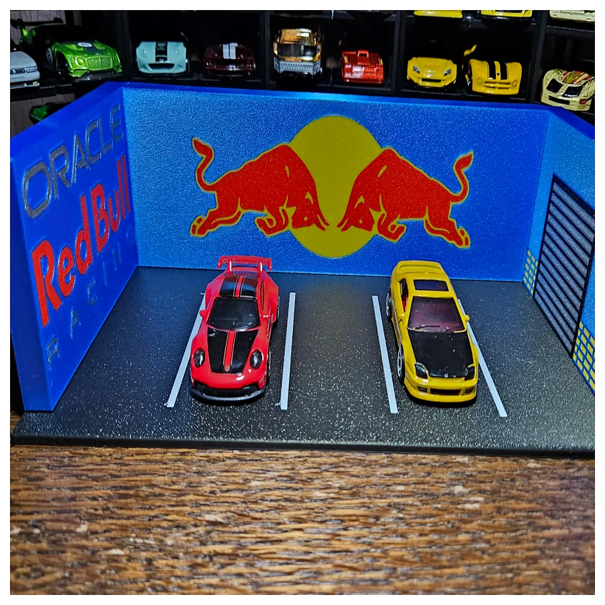 detailed miniature garage diorama for collectors realistic car storage scene with tools and shelves