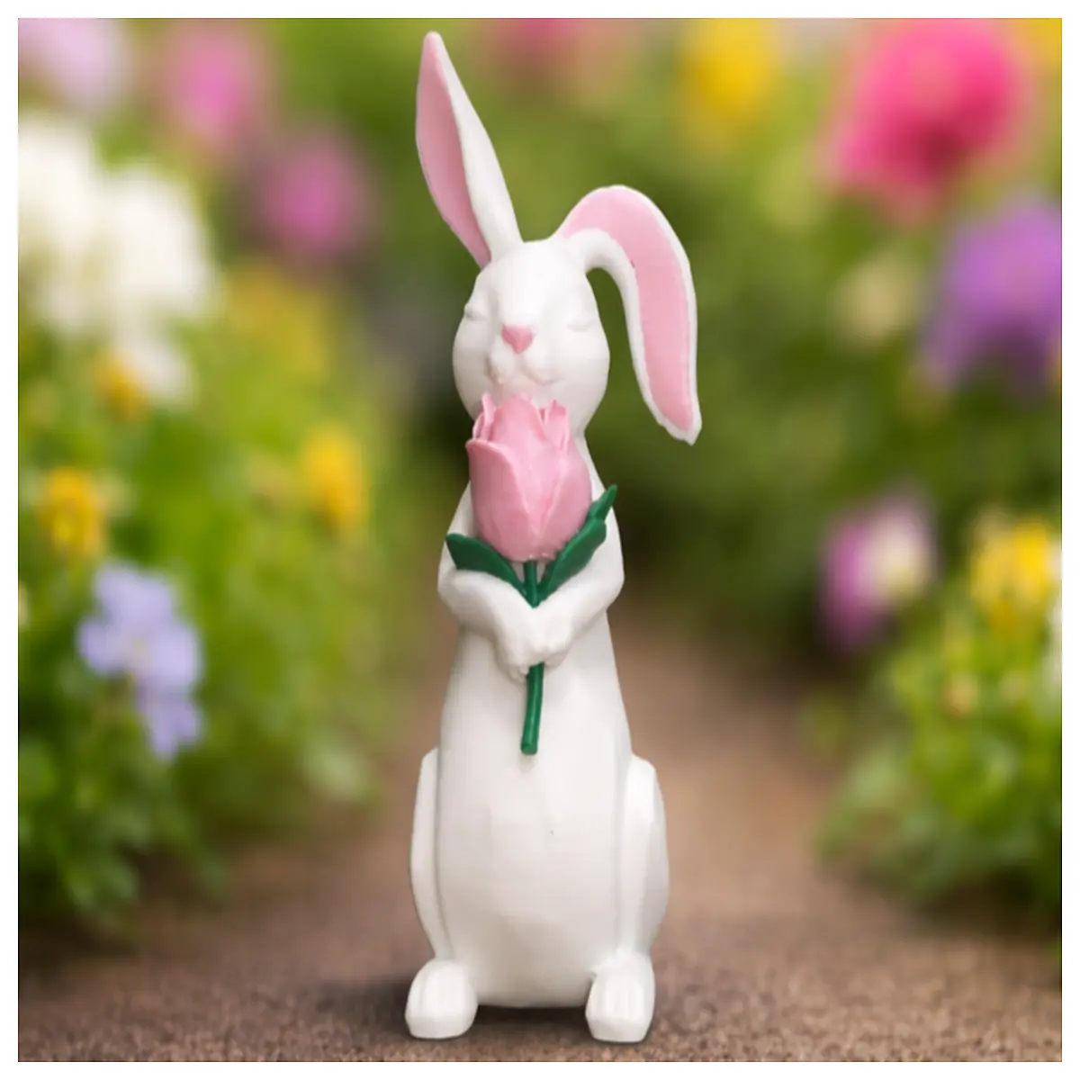 carved style gentle bunny holding stem tulip bouquet her