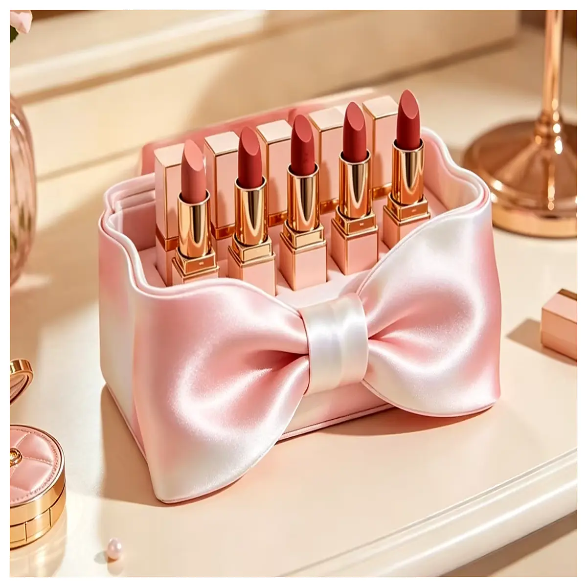 cute gradient bow makeup organizer for lipstick storage desktop cosmetic holder tidy box