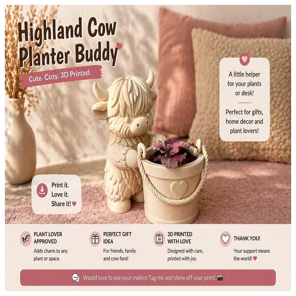 highland cow planter cute animal ceramic pot for succulents indoor desk decor