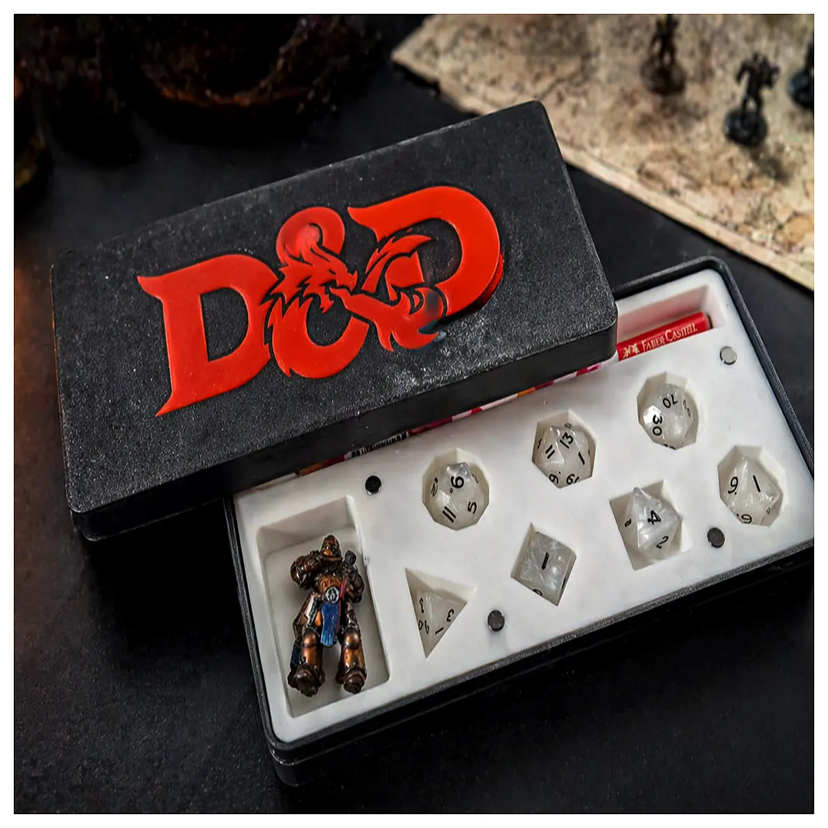 magnetic dice tray with compartments for miniatures and pencils portable storage box for board games