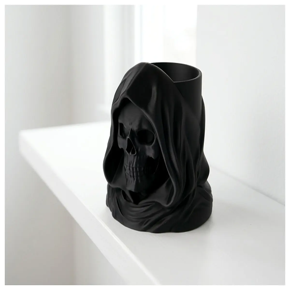 gothic skull desk organizer with hood macabre stationery holder for office supplies creepy aesthetic storage box